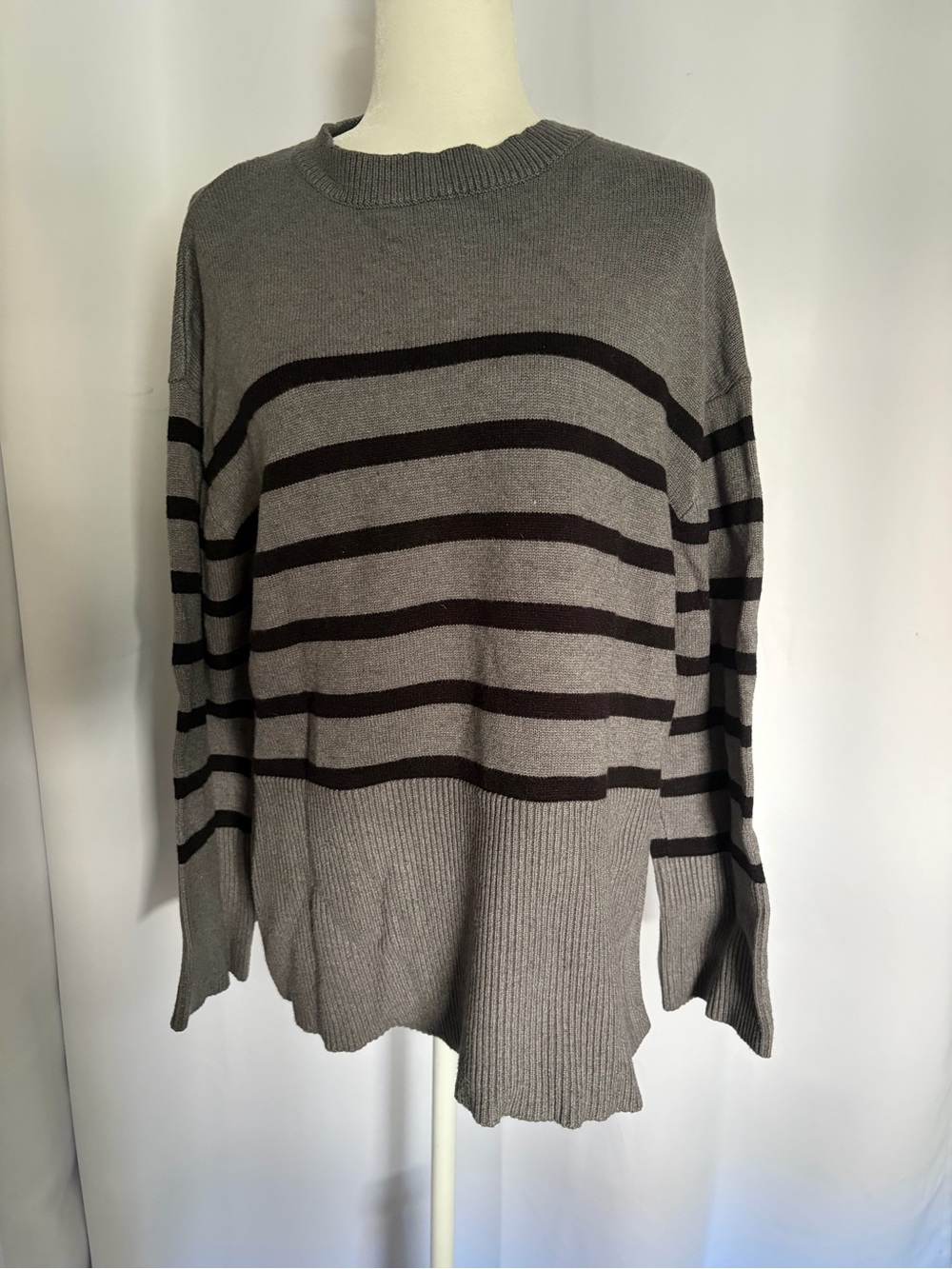 Women's Gray Striped Crewneck Sweater